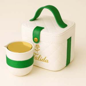 Talida Massage Candle Gift Box – White Quilted Vegan Leather with Gold Logo and Green Handle
